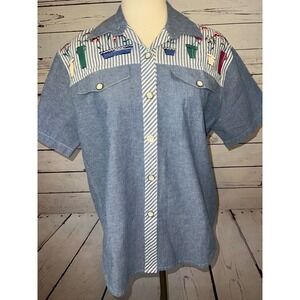 TEDDI Vintage Shirt SMALL Denim Chambray button front short sleeve Garden Flower